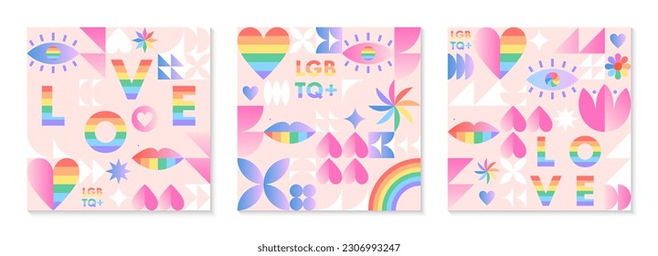 Pride month pattern templates.LGBTQ+ community vector illustrations in bauhaus style with geometric elements and rainbow lgbt symbols.Human rights movement concept.Gay parade.Colorful cover designs.
