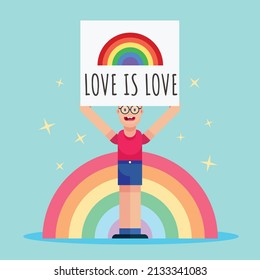 Pride month Placards, love is love vector with gay boy people illustration rainbow banner poster design background