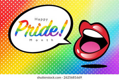 Pride Month in Pop Art Style Templates Horizontal Poster with Lips Speech Bubble on Halftone Rainbow Background. Vector Concept illustration for Pride.