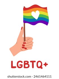 Pride month poster with hand and LGBTQ rainbow flag. Vector flat hand drawn elements isolated on white background. Peaceful and equality concept