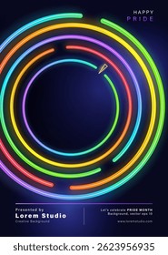Pride month poster with modern round glow rainbow neon light in dark blue background, vector design