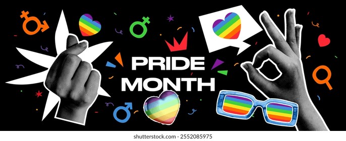 The Pride Month poster is on a black background with colorful LGBT elements and retro halftone hands, including rainbow hearts, gender symbols, and confetti. Social media post template. Collage