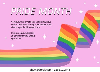 Pride month poster with rainbow flag. Hand drawn LGBT symbol isolated on pink background. Banner template with copy space for text. Vector illustration