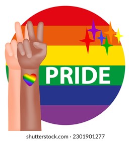 Pride month. A poster with a rainbow flag of the LGBT community and the hands of people with light and dark skin and the Victoria gesture. Vector illustration.
