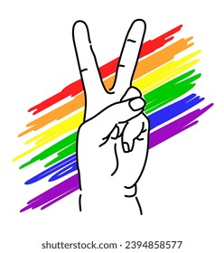 Pride month. A poster with a rainbow flag of the LGBT community and the hands of people with light and dark skin and the Victoria gesture. Vector illustration.