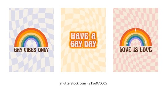 Pride month poster with rainbow and LGBTQ phrases and slogans. Set of queer vertical cards on distorted checkerboard. Greeting cards with LGBT symbol in retro groovy 60s 70s style. Vector illustration