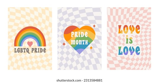 Pride month poster with rainbow and LGBTQ phrases and slogans. Vector set of greeting cards on distorted checkerboard with LGBT symbol in retro groovy 60s 70s style.
