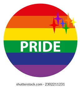 Afiche del mes del Orgullo con placa de bandera arco iris redonda lgbt aislada en fondo blanco. El icono del arco iris es un símbolo de la comunidad LGBT. Ilustración vectorial.