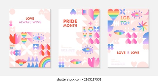 Pride month poster templates.LGBTQ+ community vector illustrations  in bauhaus style with geometric elements and rainbow lgbt symbols.Human rights movement concept.Gay parade.Colorful cover designs.