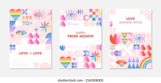 Pride month poster templates.LGBTQ+ community vector illustrations  in bauhaus style with geometric elements and rainbow lgbt symbols.Human rights movement concept.Gay parade.Colorful cover designs.