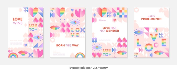 Pride month poster templates LGBTQ+ community vector illustrations  in bauhaus style and geometric elements   rainbow lgbt symbols Human rights movement concept Gay parade Colorful cover designs 