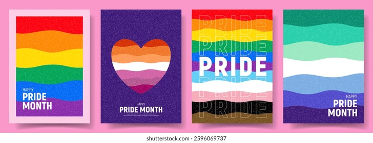 Pride Month posters concept. Vector illustration with wavy rainbow patterns and typography design. Set of Pride Month flyers for decoration of LGBT events, social media, cover, branding.