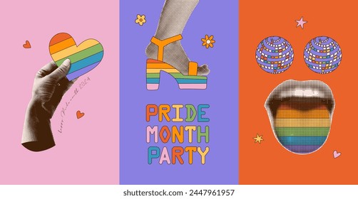 Pride Month posters set in groovy vintage collage set . Dotted halftone hand holding rainbow heart, foot in sandals, mouth with striped tongue. Collage with cut out paper LGBT disco elements. Vector