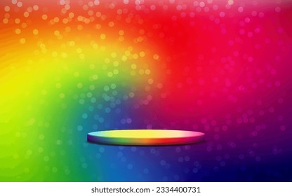 pride month product podium display 3d rainbow Empty Cylinder circle and bokeh in rainbow colour background
