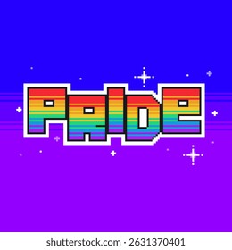 Pride Month Rainbow Bold Typography Sign with Glitters on Hologram Purple Gradinet Background, Pixel Art Style