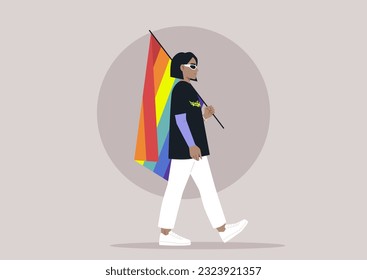 Pride month, rainbow flag carried by a young stylish character wearing fancy retro futuristic eye shades and a t-shirt with death metal logo