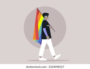 Pride Monat, Regenbogenflagge mit einer jungen, stylischen Figur mit fantasieretro-futuristischen Augentönen und einem T-Shirt mit dem Logo des Metalls