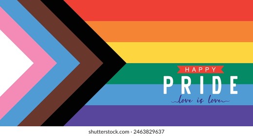 Regenbogenflaggen-Poster zum Pride Month anlässlich der LGBTQ+ Community’s Diversity and Inclusion. Aufgenommen im Juni, Vektorgrafik, Illustration