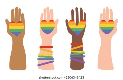 Pride Month rainbow hearts in the diversity race hands. Lgbt symbol community.