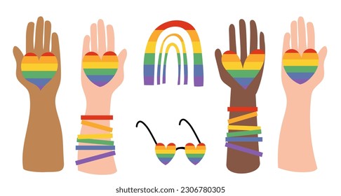 Pride Month Regenbogen Herzen in der Vielfalt Rennen Hände. Brillensymbole, Brillen, Armband-Kollektion im Retro-Stil