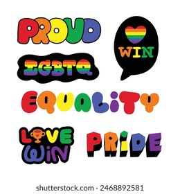 In: Pride Month Rainbow Icons and Stickers. Vektorillustration mit Stolz-, Stolz- und Gleichheitsbotschaften.