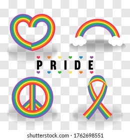 Pride Month Rainbow Ribbon Set Isolated On  Transparent Background Vector Illustration.