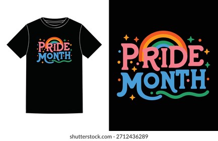 Pride Month rainbow text graphic on black t shirt vector