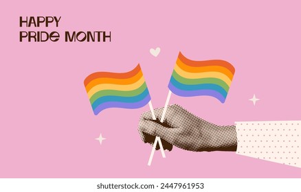 Pride month retro collage greeting card with halftone Hand holding rainbow flags. Trendy vintage Collage for decorating LGBT events. Vector illustration.