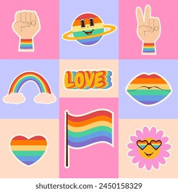 Pride month retro style card with LGBTQ community element