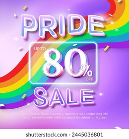 Pride month sale poster design with colorful LGBT rainbow in bright purple background, vector illustration