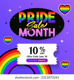 Pride month sale promotion card vector illustration. Cute rainbow heart on purple background 