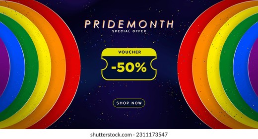 Pride Month Sale Special Offer -50% voucher coupon with shop now CTA Button, paper cut out rainbow pride flag. Editable Vector Illustration. EPS 10