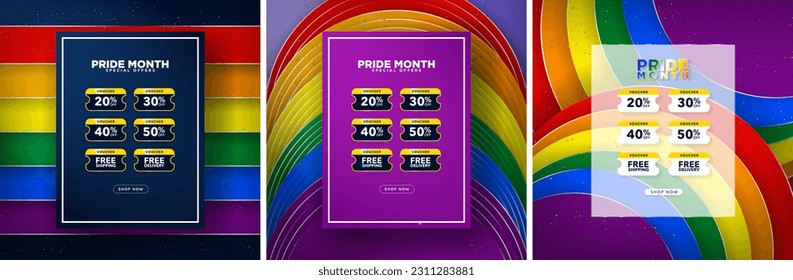 Pride Month Sale Special Offer discount voucher and coupon set with shop now CTA Button, paper cut out rainbow pride flag. Price discounts, free shipping, free delivery. Editable Vector Illustration. 