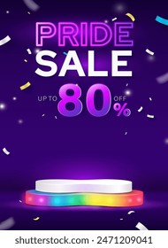 Pride month sale stage podium design for product display in dark purple background, vector illustration