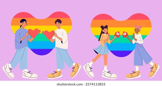 Pride month. Set with cute couple holding love letter and heart. Valentine`s day. Modern isolated vector illustration.