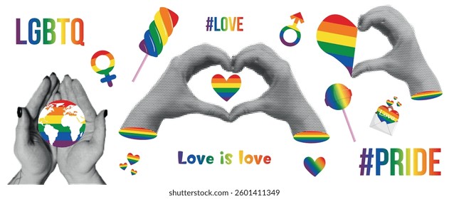 Pride Month set in halftone style. Vector illustration with halftone hands, rainbow heart, lollipop, ice cream and lettering for LGBT events.