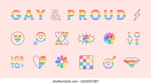 Pride month signs or symbols represents LGBTQ+ community.Vector lgbt emblems set in rainbow colors.Flag,gender signs,hearts.Human rights movement concept.Gay parade.Colorful stickers or patches.