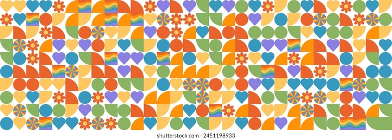 Pride month simple vintage pattern. LGBTQ community vector illustrations in bauhaus style with geometric elements and rainbow lgbt symbols. Human rights movement concept. Gay parade.