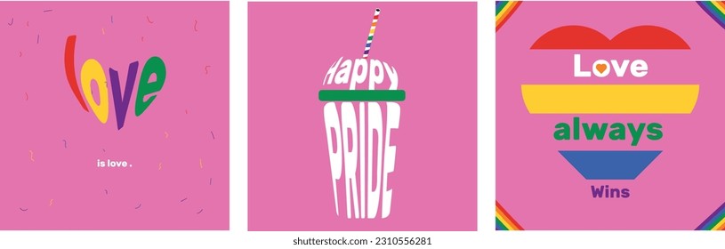 Pride month social media post for lgbtq community .Love is love.Happy Pride.Love always wins lettering.Gay Rainbow colors on pink background vector.For greeting cards,ads,posters,covers and baners.