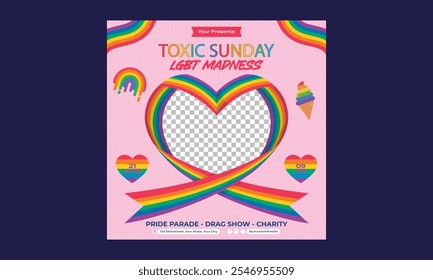 Pride Month Socials Media. Poster templates with LGBTQ community symbols and signs, rainbow flags, crown and globe, love freedoms and rights equality. Vector illustration.