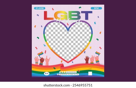 Pride Month Socials Media. Poster templates with LGBTQ community symbols and signs, rainbow flags, crown and globe, love freedoms and rights equality. Vector illustration.