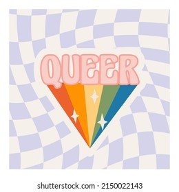 Pride month square card with LGBTQ rainbow and Queer word. Trendy social media post design with distorted checkerboard on background. LGBT banner in retro groovy style. Vector flat style illustration.