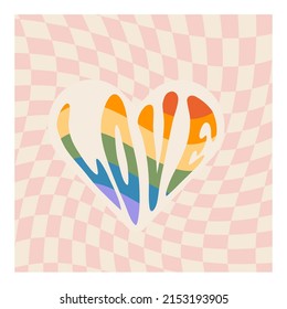 Tarjeta cuadrada del mes del orgullo con el corazón de color arcoiris LGBTQ. Los medios sociales publican diseño con tablero de ajedrez distorsionado en segundo plano. Pancarta de amor LGBT en estilo retro groovy. Ilustración vectorial.