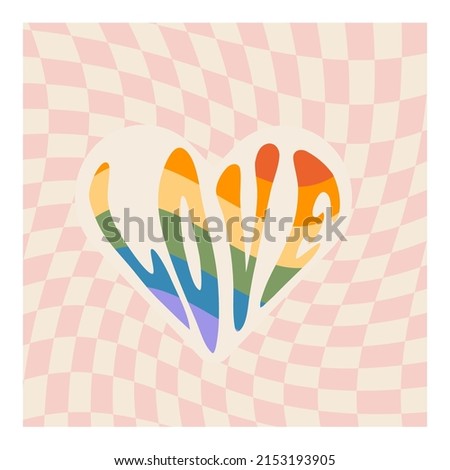 Pride month square card with LGBTQ rainbow colored heart. Social media post design with distorted checkerboard on background. Concept of LGBT love banner in retro groovy style. Vector illustration.
