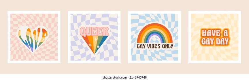 Pride month square cards with rainbow, LGBTQ symbols, phrases and slogans. Set of queer social media post with distorted checkerboard on background. LGBT banner in retro groovy 60s 70s style. Vector.