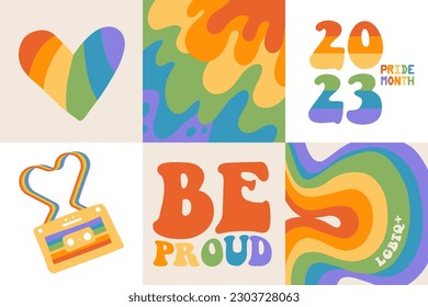 Viereckige Grußkarten mit Regenbogen und Homosexuellen-Phrase im Retro-Stil der 60er Jahre. Zusammenspiel von Bannern mit Regenbogenfarbe Mitte des Jahrhunderts. Flache Vektorgrafik.