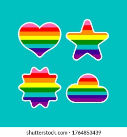 Pride month stickers. LGBTQ icon set. LGBTQ design elements. Pride flag. Rainbow colors. Parade symbols. Vector illustration.