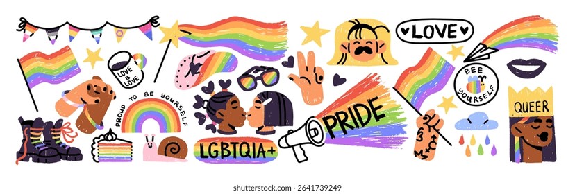 Pride month stickers set. LGBT icons. LGBTQ signs. Rainbow flags of lesbian, gay, bisexual, transgender. Drawings of LGBTQIA community. Hand drawn isolated vector illustrations on white background
