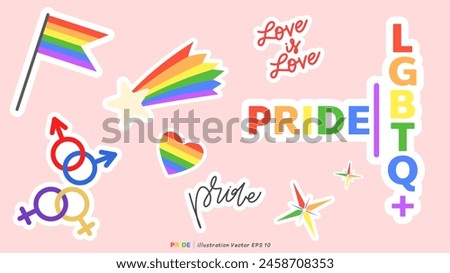 Pride month stickers set on pink background, LGBT flat style symbols with pride flags, gender signs, retro rainbow, LGBT pride community Symbols, Vector set of LGBTQ, Vector illustration EPS 10
