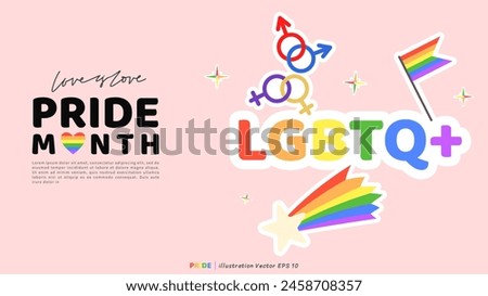 Pride month stickers set on pink background, LGBT flat style symbols with pride flags, gender signs, retro rainbow, LGBT pride community Symbols, Vector set of LGBTQ, Vector illustration EPS 10